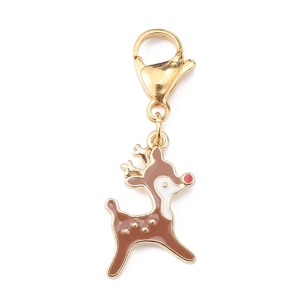 PandaHall Christmas Theme Alloy Enamel Pendants, with 304 Stainless Steel Lobster Claw Clasps, Christmas Reindeer/Stag/Deer, Coffee, 25mm...