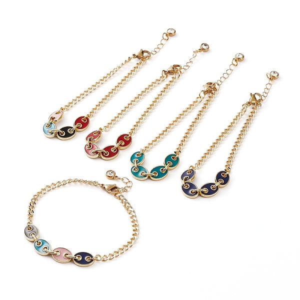 

PandaHall Golden Plated Brass Enamel Chain Bracelets, with Curb Chains & Coffee Bean Chains, Rhinestone Charms, Mixed Color, 7-1/2 inch..., Multicolor