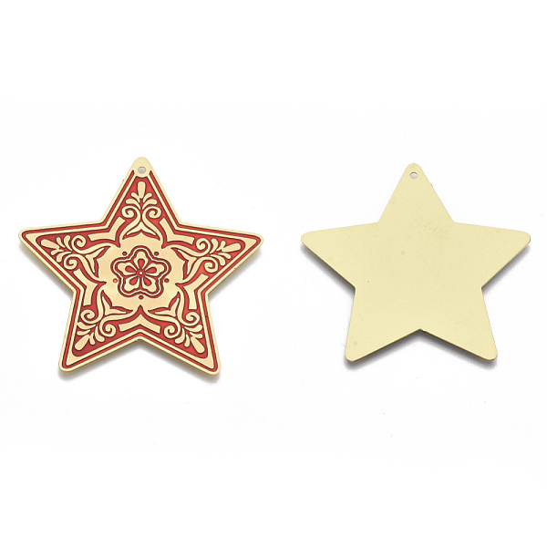

PandaHall Brass Enamel Big Pendants, Etched Metal Embellishments, Matte Gold Color, Star with Flower, FireBrick, 50x50x0.3mm, Hole: 1.6mm..., Red