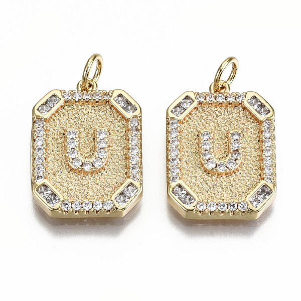 

PandaHall Brass Micro Pave Clear Cubic Zirconia Pendants, Nickel Free, Real 18K Gold Plated, Rounded Rectangle with Word, Letter.U...