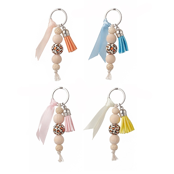 

PandaHall Cube & Round & Octagon Wooden Beaded Pendant Keychain, with Faux Suede Tassel and Ribbon, 304 Stainless Steel Key Ring, Mixed...