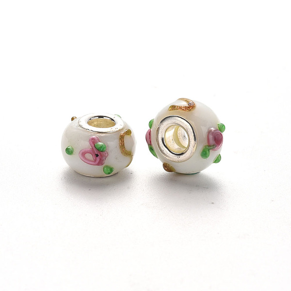 

PandaHall Handmade Lampwork European Beads, Large Hole Rondelle Beads, Bumpy Lampwork, with Glitter Powder and Platinum Tone Brass Double...