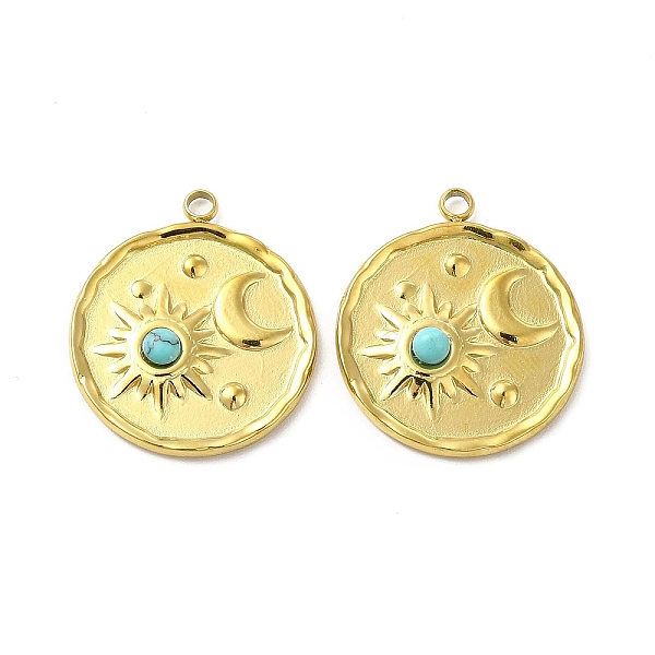 

PandaHall Natural Turquoise Pendants, Flat Round Charms with Moon & Star, with Vacuum Plating Real 18K Gold Plated 201 Stainless Steel...