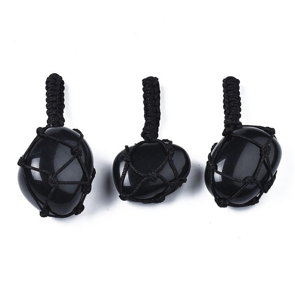 

PandaHall Natural Obsidian Pendants, with Woven TaiWan Nylon Thread, Nuggets, 40~60x20~27x12~24mm, Hole: 10~16mm Obsidian Nuggets