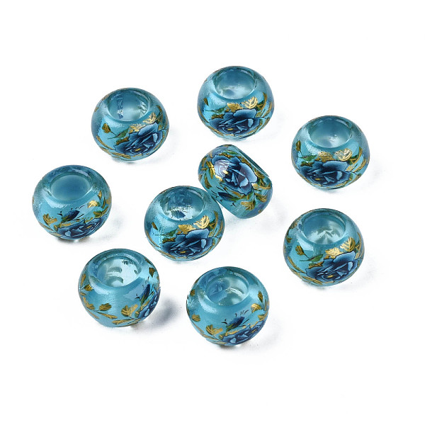

PandaHall Flower Printed Transparent Acrylic Rondelle Beads, Large Hole Beads, Sky Blue, 15x9mm, Hole: 7mm Acrylic Rondelle