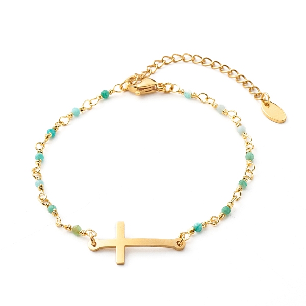 

PandaHall Cross Link Bracelet, Natural Amazonite Beads Bracelet for Girl Women, Golden, 7-1/4 inch(18.5cm) Amazonite
