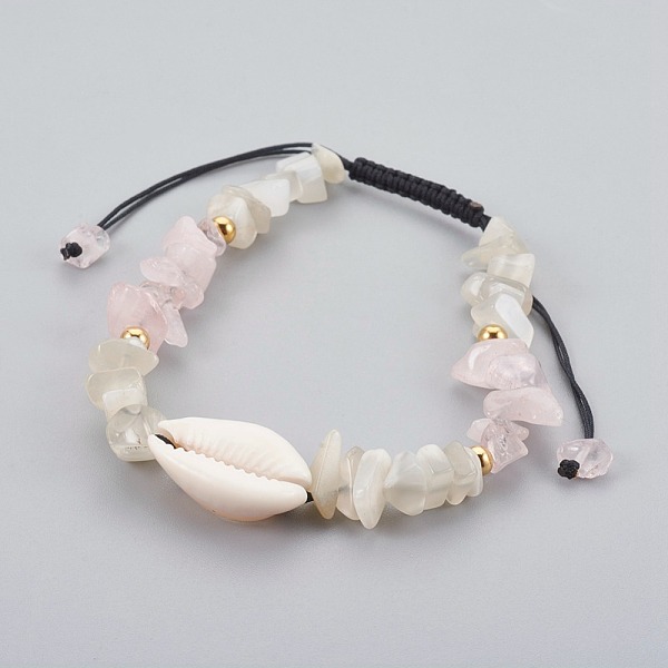 

PandaHall Natural Rose Quartz & White Moonstone Chip Braided Bead Bracelets, with Cowrie Shell, 1-7/8 inch~3-1/8 inch(4.7~8cm) Rose Quartz..., Black