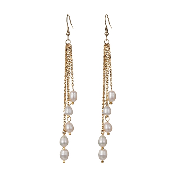 

PandaHall Natural Pearl Beads Dangle Earrings, 304 Stainless Steel Chains Tassel Earrings, Golden, 104mm Pearl Rice