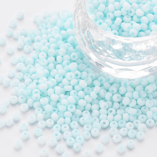 

PandaHall 8/0 Opaque Glass Seed Beads, Round Hole, Frosted Colours, Round, Light Blue, 3~4x2~3mm, Hole: 0.8mm, about 15000pcs/Pound Glass