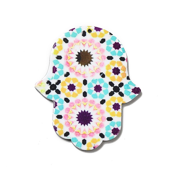 

PandaHall Opaque Acrylic Pendants, Hamsa Hand/Hand of Miriam Charm, Evil Eye Pattern, 52.5x43.5x2mm, Hole: 1.6mm Acrylic Evil Eye Pink