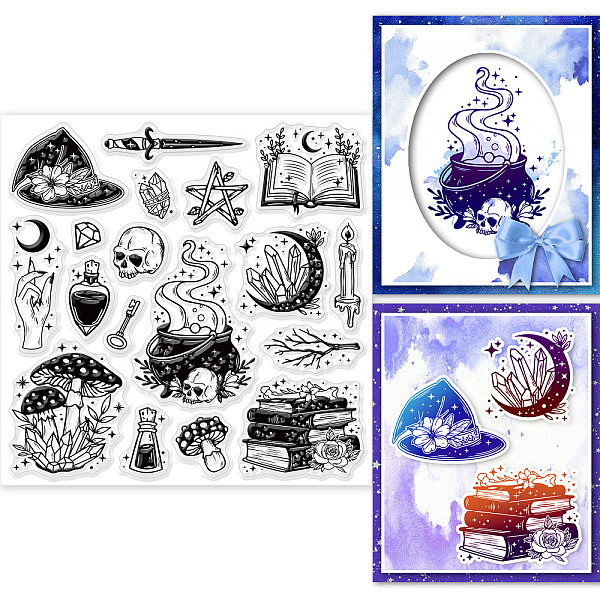 

PandaHall GLOBLELAND Magic Elements Clear Stamps for DIY Scrapbooking Witch Book Hat Silicone Clear Stamp Seals 15x15cm Transparent Stamps...