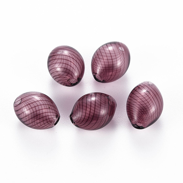

PandaHall Transparent Handmade Blown Glass Globe Beads, Stripe Pattern, Oval, Old Rose, 15~16x11~12mm, Hole: 1.5~2.2mm Glass Oval