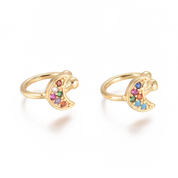 

PandaHall Golden Plated Brass Micro Pave Cubic Zirconia Cuff Earrings, Long-Lasting Plated, Moon, Colorful, 11.5x10.5x1.5mm Cubic Zirconia