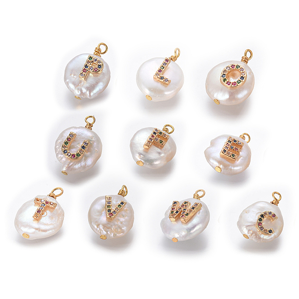 

PandaHall Natural Cultured Freshwater Pearl Pendants, with Brass Micro Pave Cubic Zirconia Findings, Flat Round with Random Mixed Letter...
