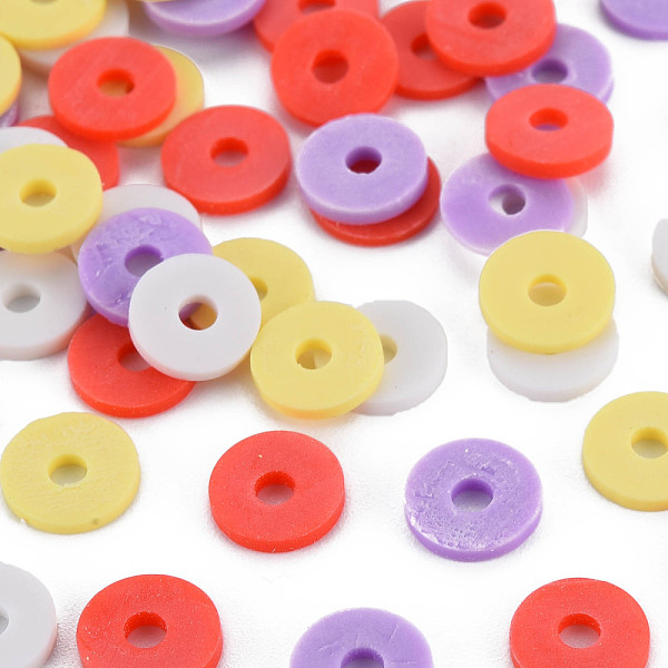 

PandaHall 4 Colors Handmade Polymer Clay Beads, Heishi Beads, Disc/Flat Round, Orange Red & Light Khaki & Lilac & White, 8x0.5~1.5mm, Hole...