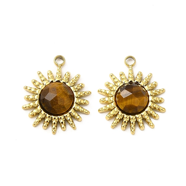 

PandaHall Natural Tiger Eye Pendants, Faceted Sun Charms, with Vacuum Plating Real 18K Gold Plated 201 Stainless Steel Findings, 17x14x4mm...