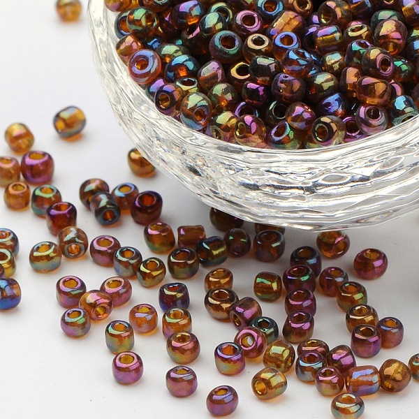 

PandaHall Glass Seed Beads, Trans. Colors Rainbow, Round, Dark Goldenrod, Size: about 4mm in diameter, hole:1.5mm, about 1000pcs/100g Glass