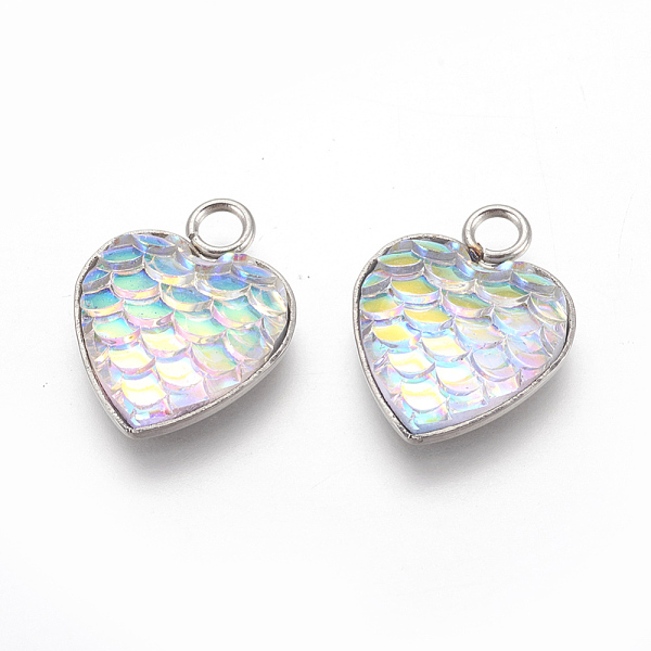 

PandaHall 304 Stainless Steel Pendants, with Resin, Heart with Fish Scale Shape, Stainless Steel Color, Colorful, 16x13x3.5mm, Hole: 2mm...