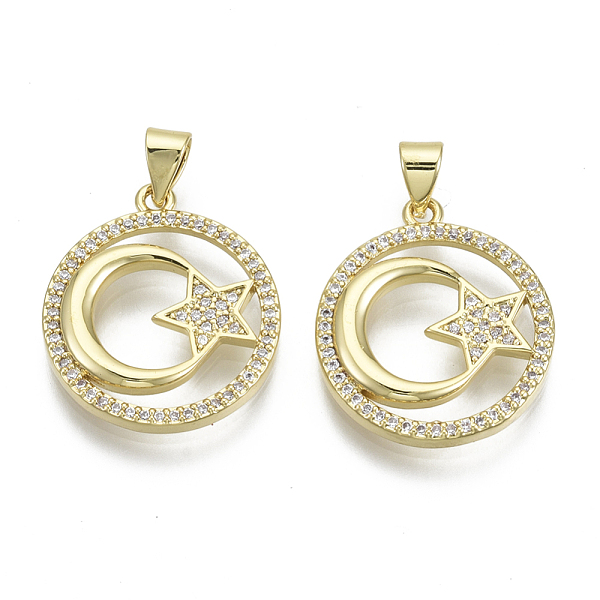 

PandaHall Brass Micro Pave Cubic Zirconia Pendants, with Brass Snap on Bails, Nickel Free, Round, Star with Moon, Real 16K Gold Plated..., Clear