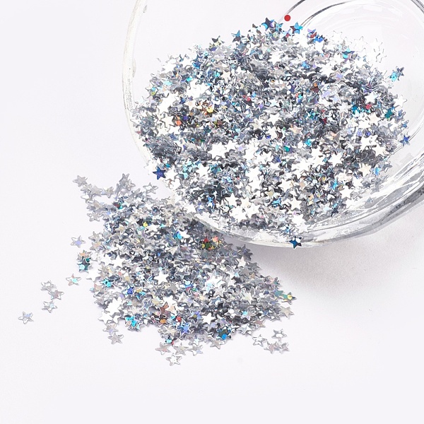 

PandaHall Ornament Accessories Plastic Paillette/Sequins Beads, Star, Silver, 2.5x2.5x0.1mm, about 450000pcs/pound Plastic Star Silver