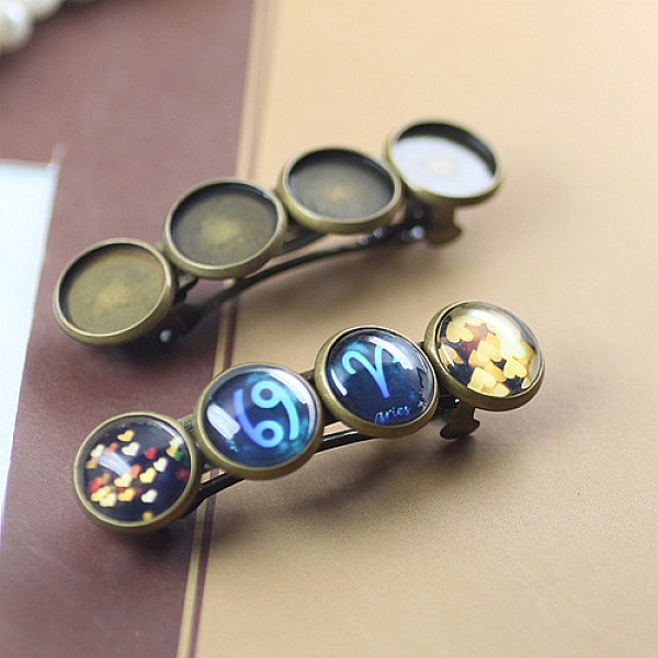 

PandaHall Iron Hair Barrette Findings, with Brass Flat Round Bezel Settings, Antique Bronze, 55x14mm, Tray: 12mm Iron
