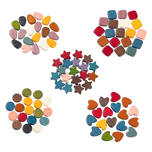 

PandaHall 100Pcs 5 Style Painted Natural Wood Beads, Star & Teardrop & Heart & Square & Flat Round, Mixed Color, 14~18x12~15x5.5~6mm, Hole..., Multicolor