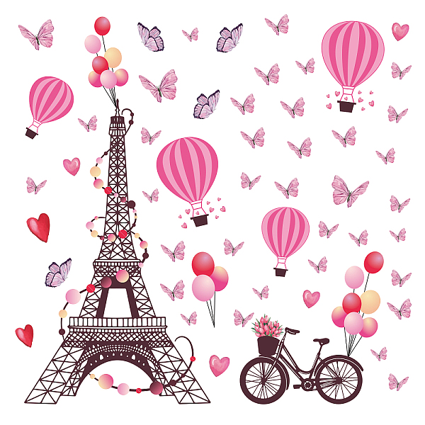 PandaHall SUPERDANT Pink Eiffel Tower Wall Decals Romance Paris Wall Stickers Waterproof Butterfly Background Balloon Decors Flower Bike...