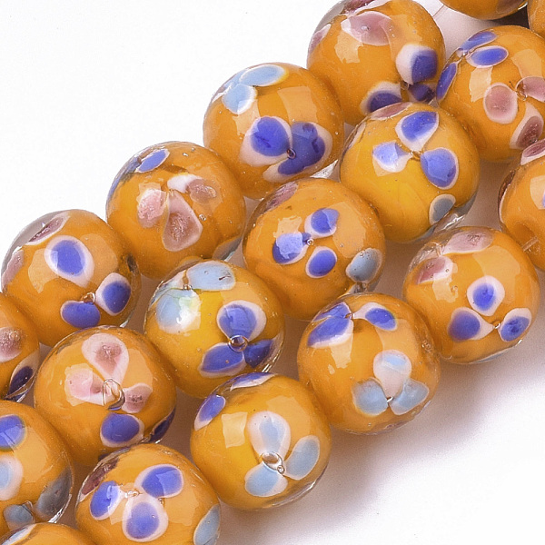 PandaHall Handmade Lampwork Beads Strands, Inner Flower, Round, Orange, 12~13x10.5~12mm, Hole: 1.2mm, about 45pcs/Strand, 19.29 inch~19.69...