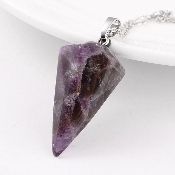 

PandaHall Cone Pendulum Platinum Tone Brass Amethyst Pendants, 39~41x18~19mm, Hole: 5x8mm Amethyst Cone