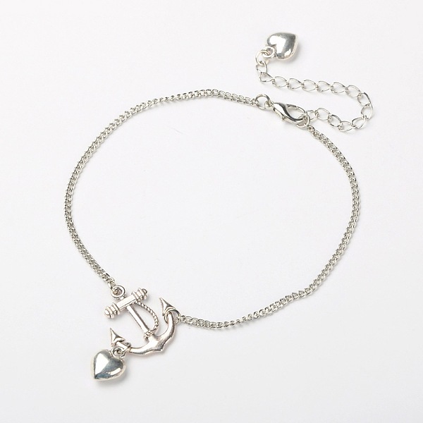 PandaHall Tibetan Style Alloy Anchor Ankles, Iron Chains with Alloy Lobster Claw Clasps and Brass Tail Chains, Heart, Platinum and Antique...