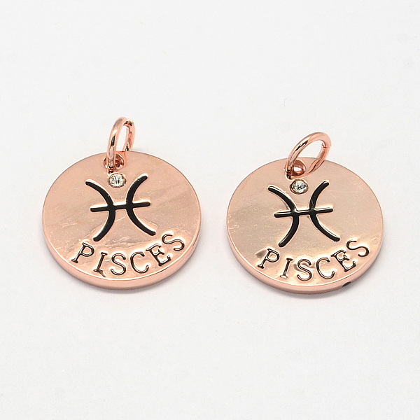 

PandaHall Alloy Pendants, with Rhinestone, Flat Round, with Constellation/Zodiac Sign, Rose Gold, Pisces, 22x2.5mm, Hole: 5.5mm..., Clear