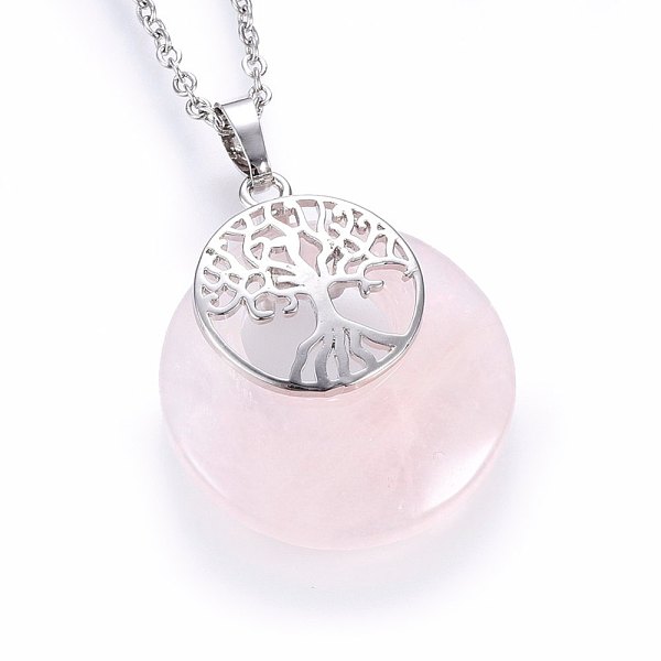 

PandaHall Natural Rose Quartz Pendant Necklaces, with 304 Stainless Steel Findings, Flat Round with Tree, 19.68 inch(50cm), Pendant...