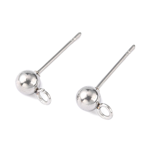 Non-Tarnish Original Color 304 Stainless Steel Ball Post Stud Earring Findings, with Loop, 16x4mm, Pin: 0.8mm, Hole: 1.5-2mm