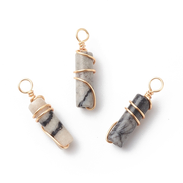 

PandaHall Natural Netstone Pendants, with Golden Tone Copper Wire Wrapped, Column Charm, 18.5~20x5~5.5mm, Hole: 2.5mm Netstone Column