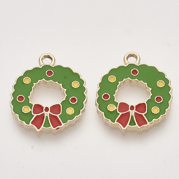 

PandaHall Christmas Theme, Alloy Enamel Pendants, Light Gold, Wreath, Green, 20x17.5x1.5mm, Hole: 2mm Alloy+Enamel Others Green