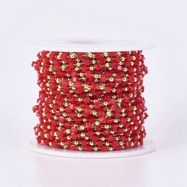 

PandaHall Handmade Glass Beaded Chains, Soldered, with Brass Findings, with Spool, Long-Lasting Plated, Golden, Cube, Red...