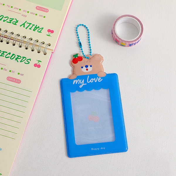 PandaHall Plastic Photocard Sleeve Keychain, with Rectangle Clear Window and Random Color Ball Chains, Rectangle, Dodger Blue, Bear Pattern...