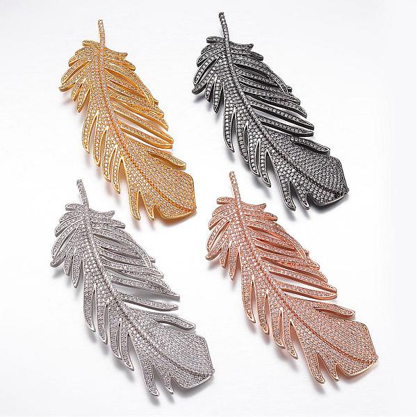 

PandaHall Brass Micro Pave Cubic Zirconia Big Pendants, Feather, Mixed Color, 80x31x5mm, Hole: 3mm Brass+Cubic Zirconia Feather Multicolor