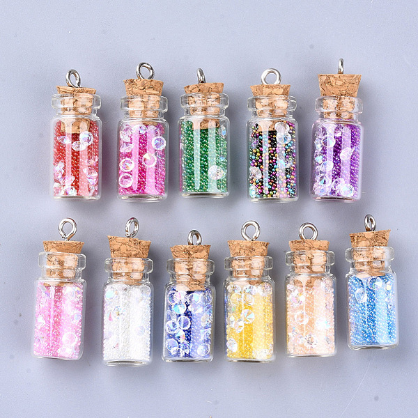 

PandaHall Glass Wishing Bottle Pendant Decorations, with Resin Rhinestone and Glass Micro Beads inside, Cork Stopper and Platinum Iron Screw..., Multicolor