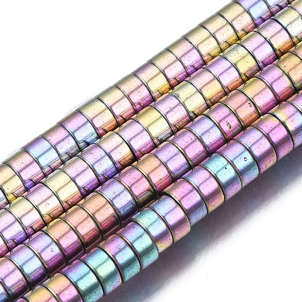 PandaHall Electroplate Non-magnetic Synthetic Hematite Beads Strands, Heishi Beads, Flat Round/Disc, Rainbow Plated, 4x2mm, Hole: 1mm, about...