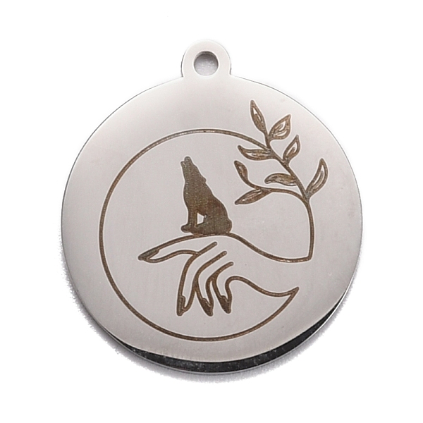 

PandaHall 304 Stainless Steel Pendants, Flat Round with Wolf & Hand & Leaf, Stainless Steel Color, 28x25x1.4mm, Hole: 2mm 304 Stainless...