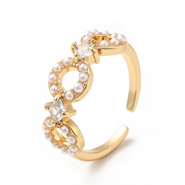 

PandaHall Clear Cubic Zirconia Infinity Open Cuff Ring with Acrylic Pearl, Rack Plating Brass Hollow Wide Ring for Women, Cadmium Free &...