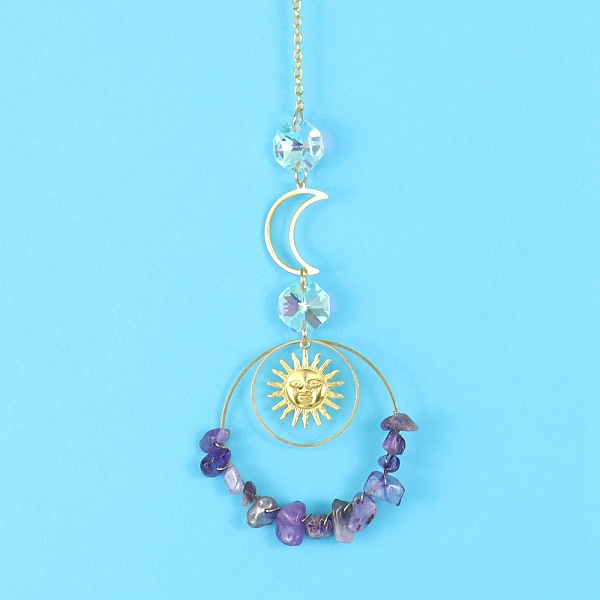 

PandaHall Glass & Brass Pendant Decorations, Suncatchers, Rainbow Makers, with Chips Amethyst, for Home Decoration, 350mm Amethyst Flat...