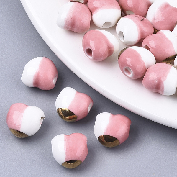 

PandaHall Two Tone Handmade Porcelain Beads, Ornamental with Gold, Heart, Pink, 14x14x10mm, Hole: 3mm Porcelain Heart Pink
