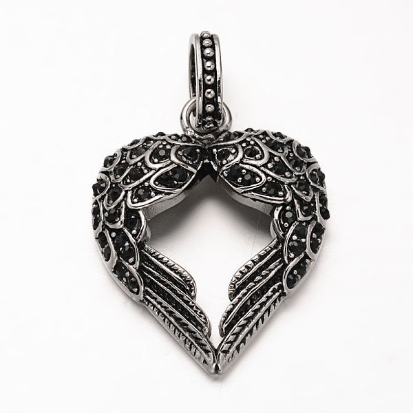 

PandaHall Antique Silver Plated 304 Stainless Steel Rhinestone Pendants, Heart with WingJet, 39.5x31x7mm, Hole: 6.5x10mm Stainless..., Black