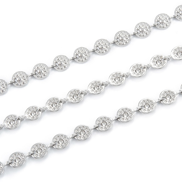 

PandaHall Handmade 304 Stainless Steel Flat Round Charms Link Chains, Textured, Unwelded, with Spool, Stainless Steel Color, link...