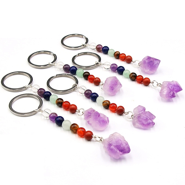 

PandaHall Chakra Gemstone Keychains, Nuggets Amethyst Key Rings, Platinum, 10cm Amethyst Nuggets