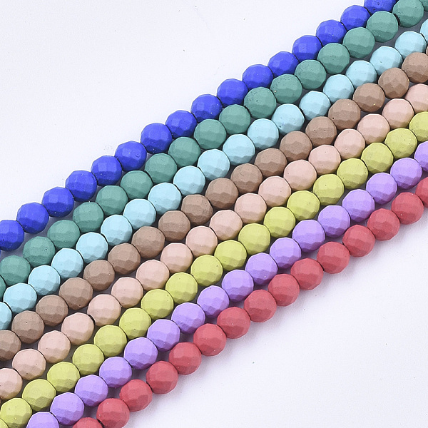 PandaHall Spray Painted Non-magnetic Synthetic Hematite Beads Strands, Faceted, Round, Mixed Color, 4x4mm, Hole: 0.7mm, about 101pcs/strand...