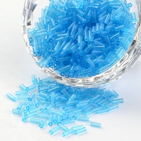 

PandaHall Transparent Colours Round Hole Glass Bugle Beads, Sky Blue, 3~5x1.8~2mm, Hole: 0.8mm, about 12000pcs/450g Glass Blue