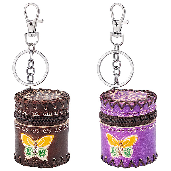 

PandaHall Olycraft 2Pcs 2 Colors Butterfly Pattern Leather Cylinder Wallets, Change Purse, with Iron & Alloy Keychain, Column, Mixed Color..., Multicolor